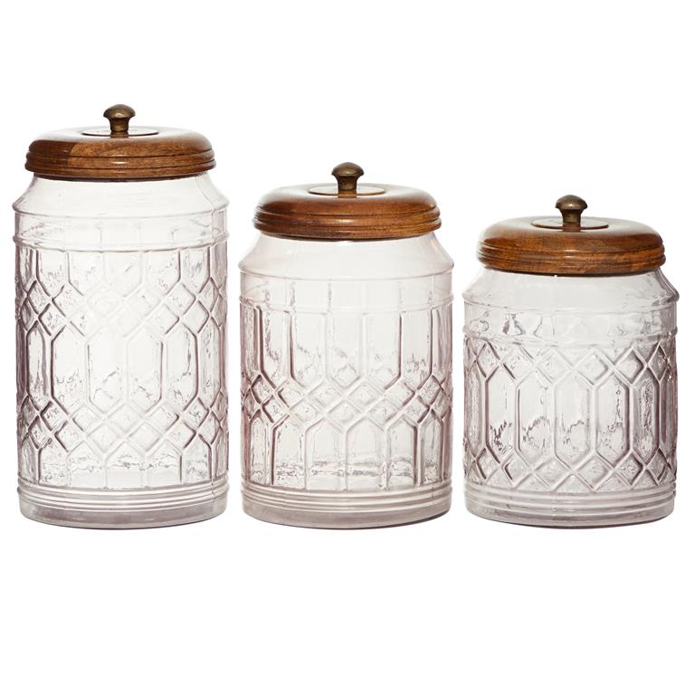 CLEAR GLASS DECORATIVE JARS WITH WOOD LIDS