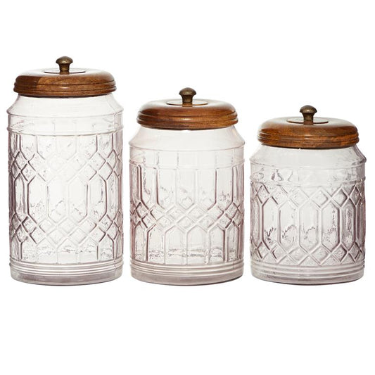 CLEAR GLASS DECORATIVE JARS WITH WOOD LIDS