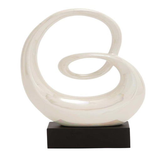 WHITE CERAMIC ABSTRACT SWIRL SCULPTURE WITH BLACK BASE