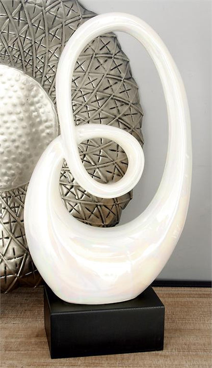 WHITE CERAMIC ABSTRACT SWIRL SCULPTURE WITH BLACK BASE
