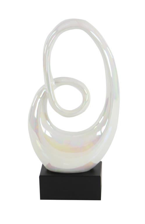 WHITE CERAMIC ABSTRACT SWIRL SCULPTURE WITH BLACK BASE