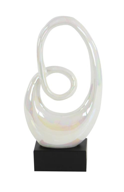 WHITE CERAMIC ABSTRACT SWIRL SCULPTURE WITH BLACK BASE