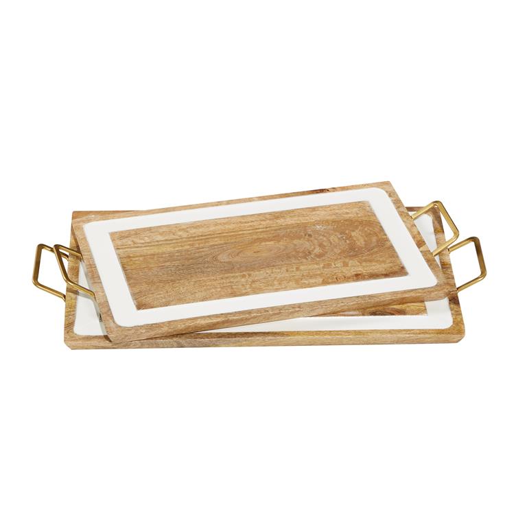 BROWN WOOD TRAY WITH WHITE ENAMEL INLAY