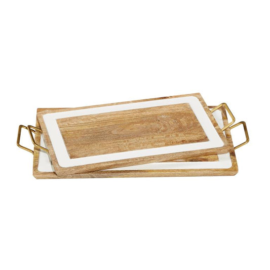 BROWN WOOD TRAY WITH WHITE ENAMEL INLAY