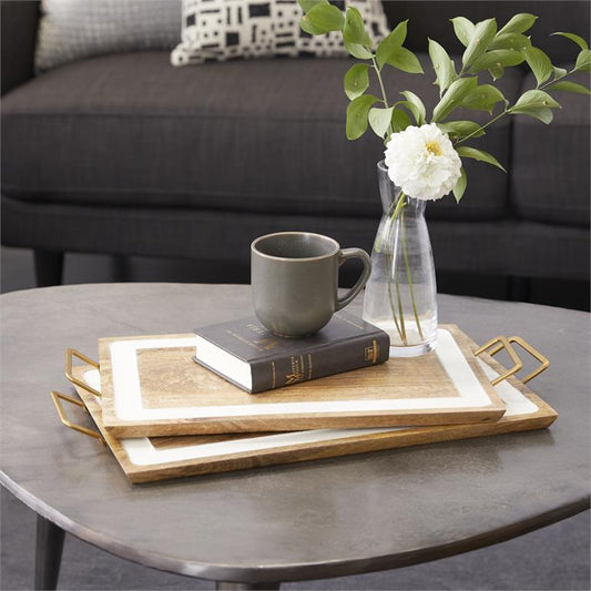 BROWN WOOD TRAY WITH WHITE ENAMEL INLAY