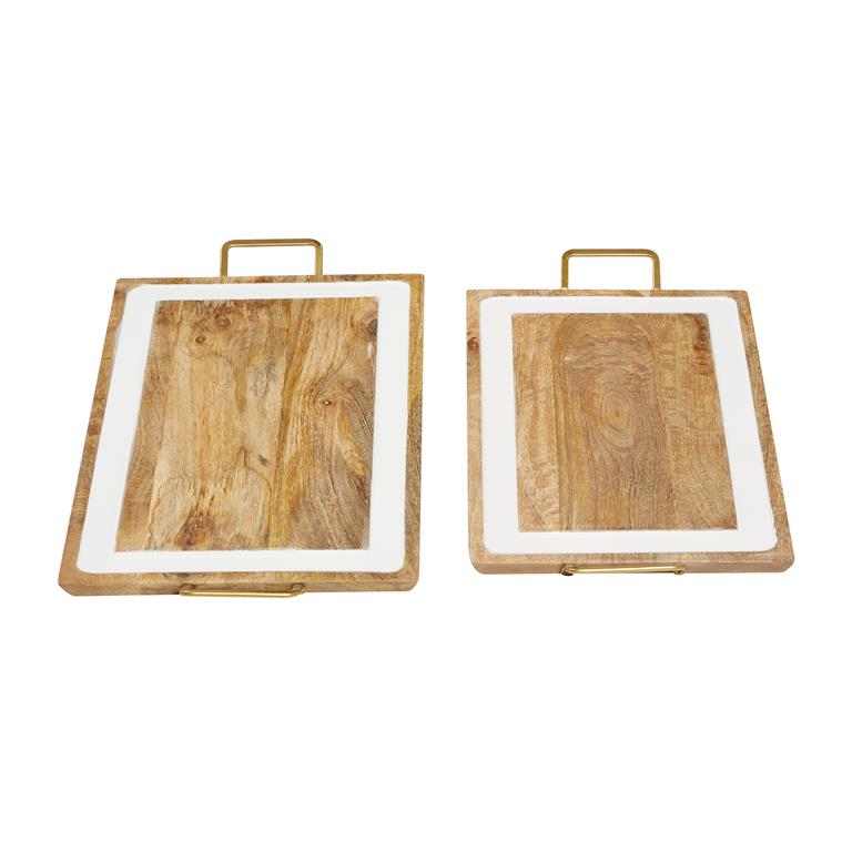 BROWN WOOD TRAY WITH WHITE ENAMEL INLAY