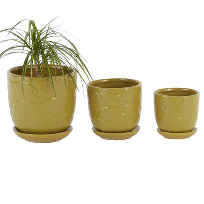 YELLOW CERAMIC INDOOR OUTDOOR PLANTER WITH ATTACHED SAUCER