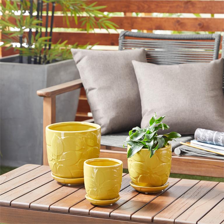 YELLOW CERAMIC INDOOR OUTDOOR PLANTER WITH ATTACHED SAUCER