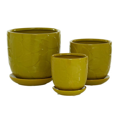 YELLOW CERAMIC INDOOR OUTDOOR PLANTER WITH ATTACHED SAUCER