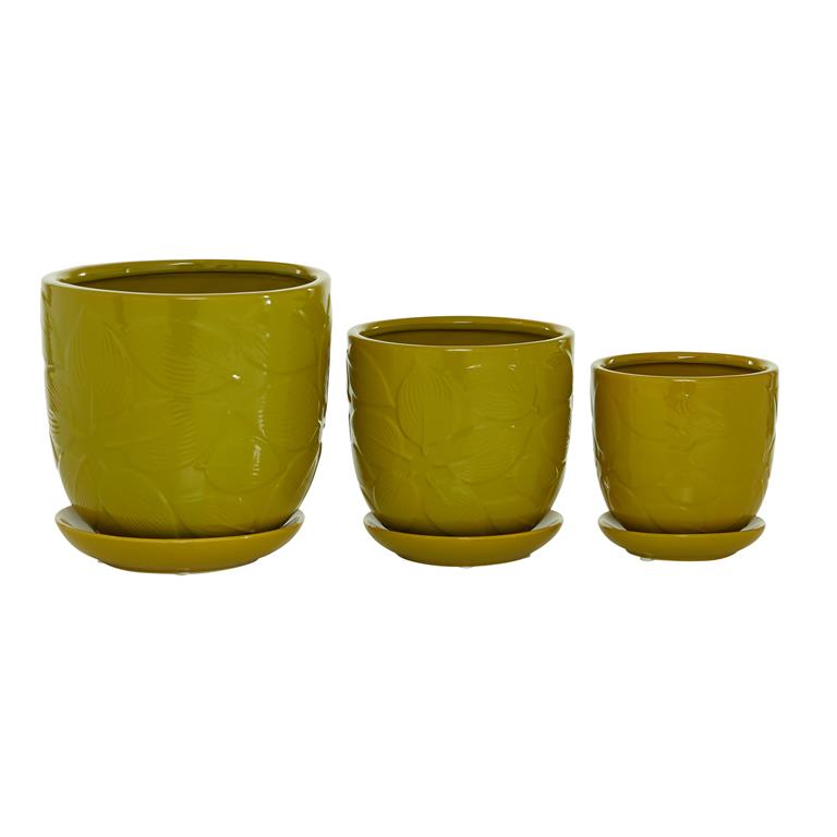 YELLOW CERAMIC INDOOR OUTDOOR PLANTER WITH ATTACHED SAUCER