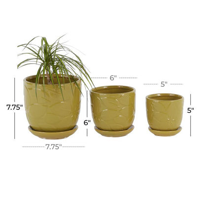 YELLOW CERAMIC INDOOR OUTDOOR PLANTER WITH ATTACHED SAUCER