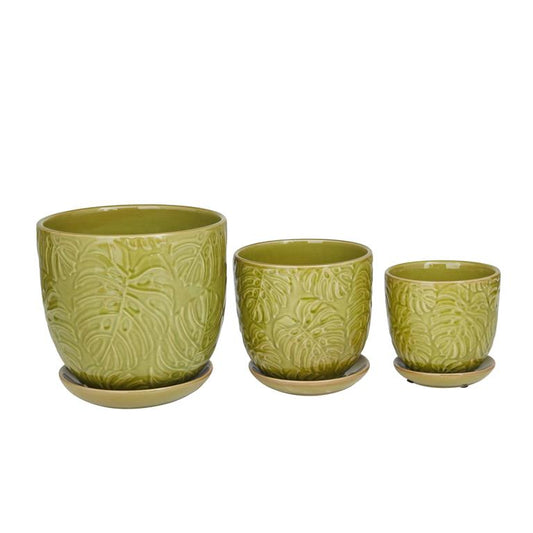 GREEN PORCELAIN INDOOR OUTDOOR PLANTER WITH ATTACHED SAUCER