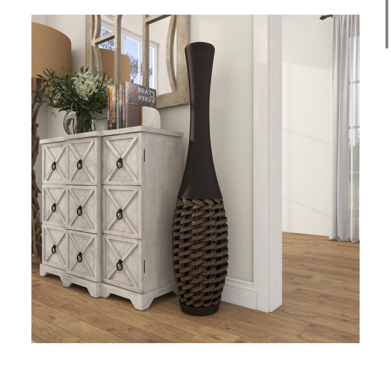 BROWN RATTAN TALL WOVEN FLOOR VASE