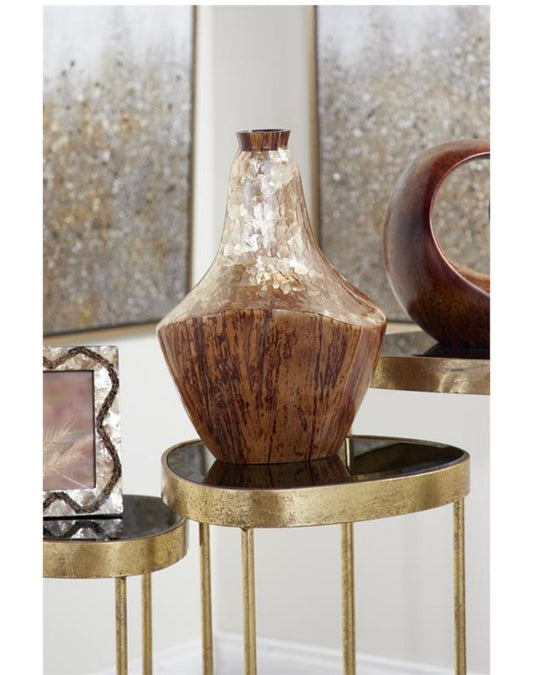 LARGE BROWN CAPIZ SHELL & NATURAL BANANA WOOD VASE,