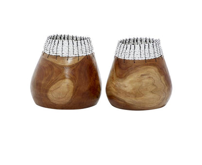 1 PIECE BROWN WOOD HANDMADE DECORATIVE BOWL WITH WHITE SEAGRASS ACCENTS