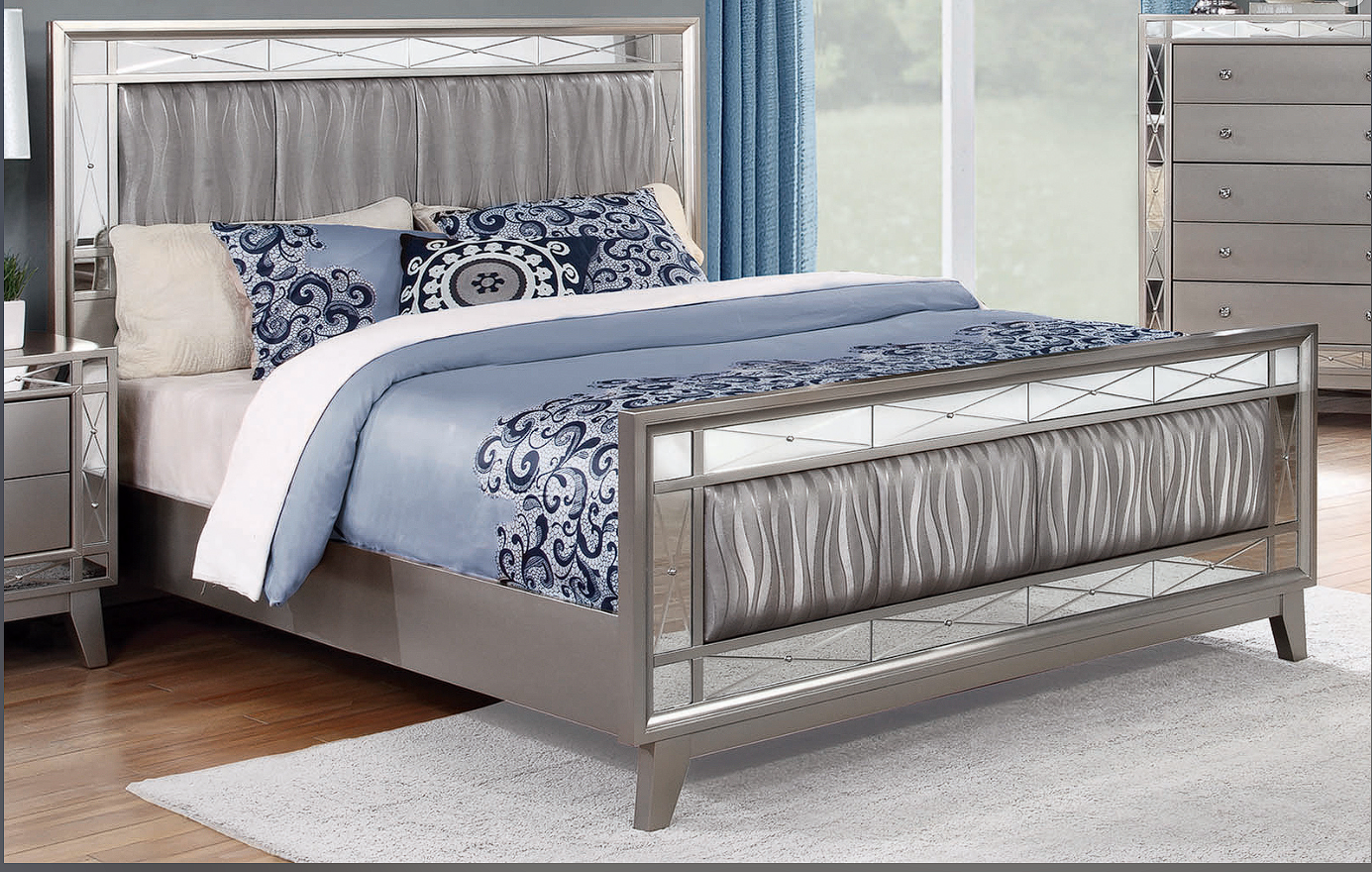 Leighton Full Panel Bed With Mirrored Accents Mercury Metallic