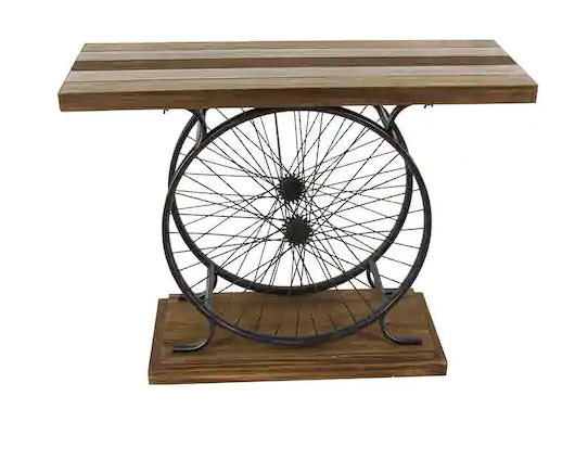 Brown Rectangle Wood Wide Slatted Top Bike Console Table with Dual Wheel Frame and Tiered Base