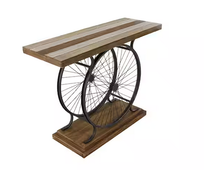 Brown Rectangle Wood Wide Slatted Top Bike Console Table with Dual Wheel Frame and Tiered Base