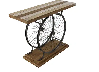 Brown Rectangle Wood Wide Slatted Top Bike Console Table with Dual Wheel Frame and Tiered Base