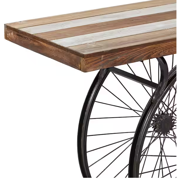 Brown Rectangle Wood Wide Slatted Top Bike Console Table with Dual Wheel Frame and Tiered Base