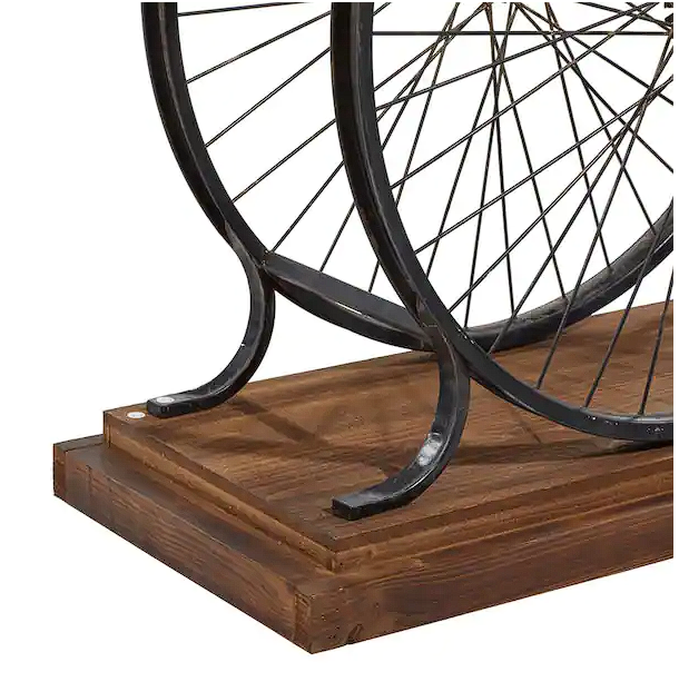 Brown Rectangle Wood Wide Slatted Top Bike Console Table with Dual Wheel Frame and Tiered Base