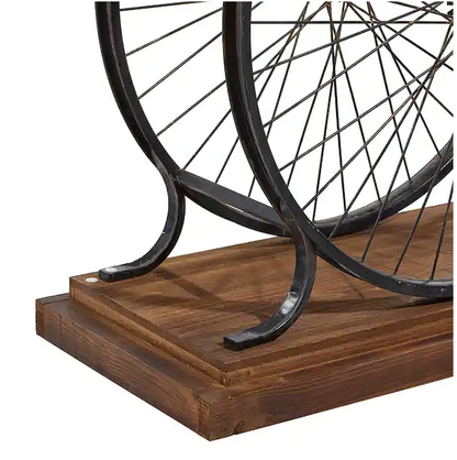 Brown Rectangle Wood Wide Slatted Top Bike Console Table with Dual Wheel Frame and Tiered Base