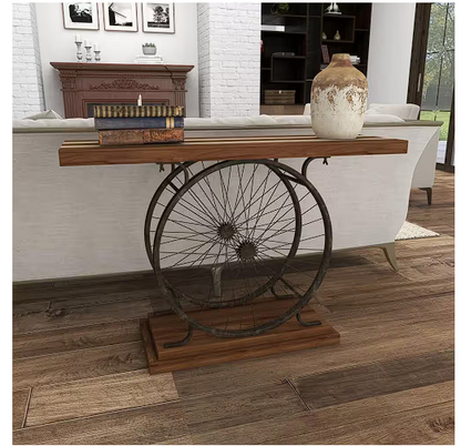 Brown Rectangle Wood Wide Slatted Top Bike Console Table with Dual Wheel Frame and Tiered Base