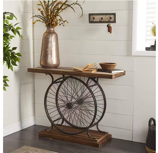 Brown Rectangle Wood Wide Slatted Top Bike Console Table with Dual Wheel Frame and Tiered Base