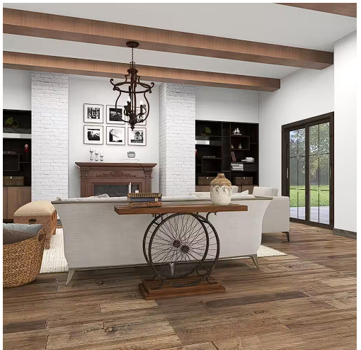 Brown Rectangle Wood Wide Slatted Top Bike Console Table with Dual Wheel Frame and Tiered Base