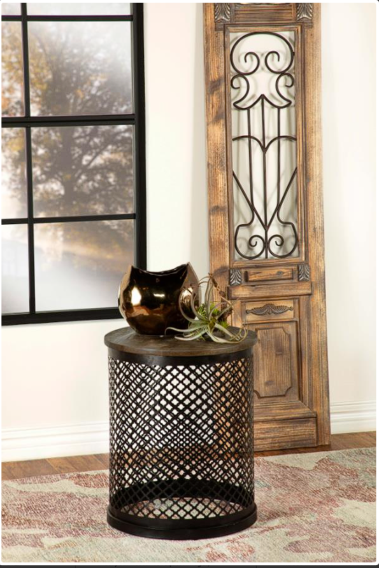 Aurora Round Accent Table with Drum Base Natural and Black