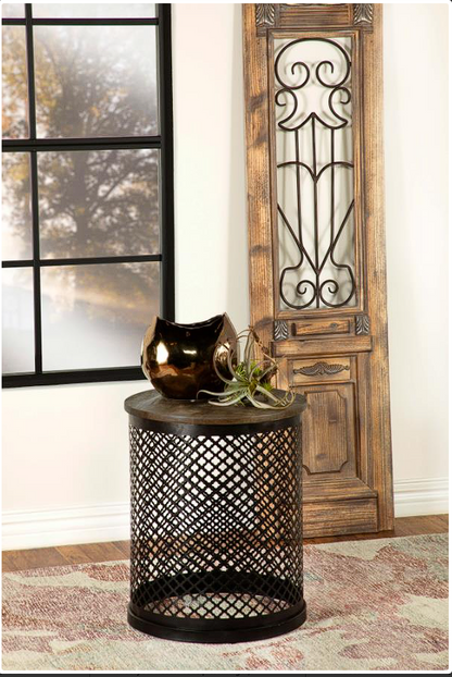 Aurora Round Accent Table with Drum Base Natural and Black