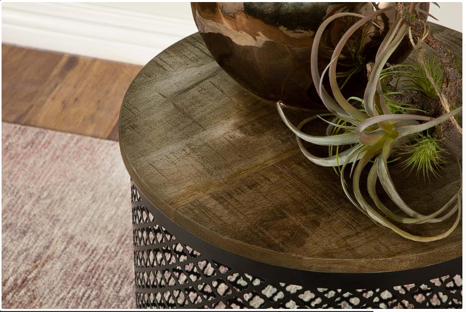 Aurora Round Accent Table with Drum Base Natural and Black