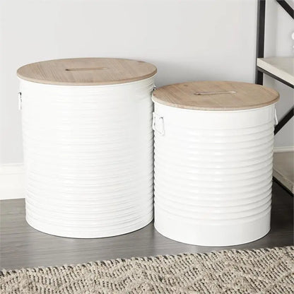 WHITE METAL FARMHOUSE STORAGE STOOL