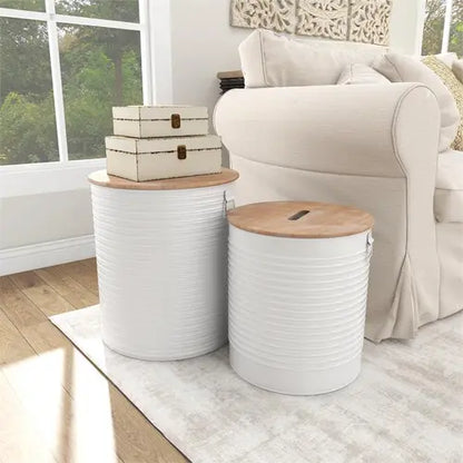 WHITE METAL FARMHOUSE STORAGE STOOL