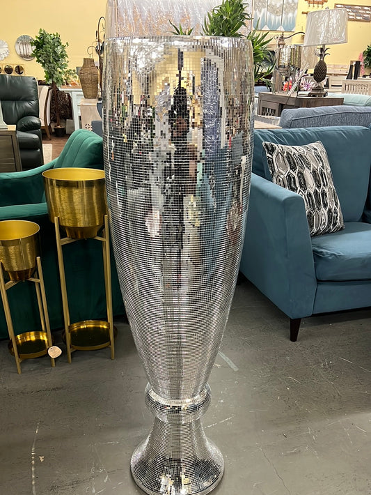 SILVER POLYSTONE TALL CHAMPAGNE FLUTE SHAPE VASE WITH MOSAIC MIRROR INLAY